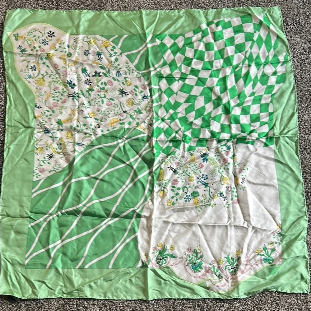 GUMPS 100% Silk Scarf Green White Floral Checkerboard Luxury Scarf